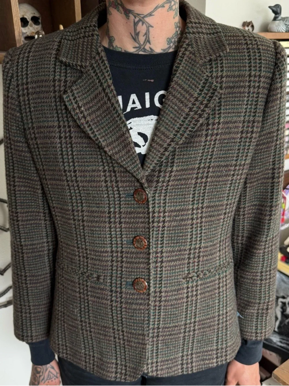 Vintage 90s 2000s Houndstooth Plaid Wool Blend Blazer ~ Size Small - Picture 1 of 9